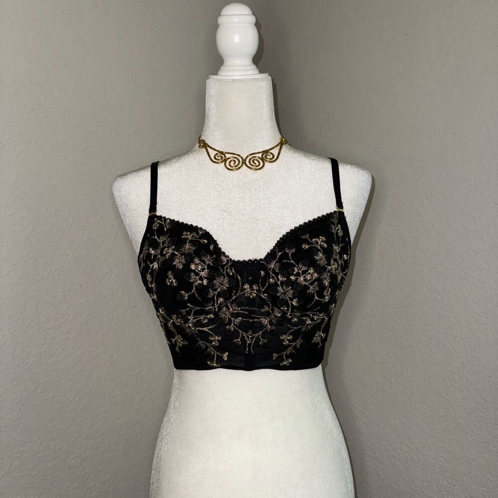 Corset Top Women's Large Black Floral Embroidered Adjustable Straps Hook & Eye
